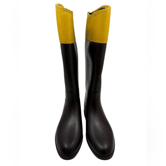 Tory Burch Riding/ Rain Boots Dark Brown Yellow Rubber Waterproof Women's 10 - Picture 4 of 14